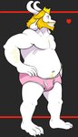 anthro arm_hair barefoot black_background blonde_hair body_hair briefs briefs_only bulge claws clothed clothing colored_seam_underwear detailed_background feet fur hair heart_symbol horn male musclegut muscular navel pink_briefs pink_clothing pink_underwear simple_background solo topless underwear underwear_only white_body white_fur white_seam_briefs white_seam_underwear thegreatmatsutzu undertale_(series) asgore_dreemurr boss_monster_(undertale)