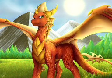 day detailed_background feral grass green_eyes horn membrane_(anatomy) membranous_wings outside plant red_body red_scales scales sky smile solo standing sun tail wings vdragon european_mythology mythology dragon mythological_creature mythological_scalie scalie western_dragon 2018 digital_media_(artwork) hi_res