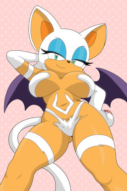 anthro bedroom_eyes big_breasts breasts clothing cosplay female fur green_eyes hands_behind_back looking_at_viewer membrane_(anatomy) membranous_wings narrowed_eyes navel nude pattern_background seductive simple_background solo tail tan_body technically_nude white_body white_fur wings chunkiroll_(artist) capcom darkstalkers sega sonic_the_hedgehog_(series) felicia_(darkstalkers) rouge_the_bat bat mammal 2:3 hi_res