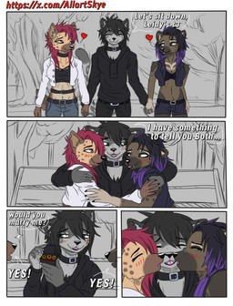 anthro black_hair brown_body brown_eyes brown_fur choker clothing dialogue female fur group hair hug imminent_kiss jewelry male male/female necklace pink_hair purple_hair simple_background text trio allartskye felid hyena mammal pantherine snow_leopard comic hi_res url