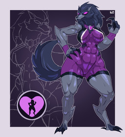 abs anthro armwear big_breasts black_claws blue_body blue_fur breasts butt butt_from_the_front cheek_tuft claws clothing collar digitigrade empty_eyes facial_tuft female fur glowing glowing_eyes grey_background grey_body grey_fur grey_tail hand_on_hip leotard muscular muscular_female purple_armwear purple_background purple_clothing purple_eyes purple_leotard simple_background solo tail thick_thighs tuft wide_hips averag3artist ben_10 cartoon_network chaquetrix blitzwolfer alien canid canine canis loboan mammal wolf absurd_res hi_res