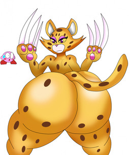 anthro big_butt blush bodily_fluids butt countershading eyelashes female long_nails looking_at_viewer paws solo sweat sweatdrop kdgamer015 kirby_(series) kirby_and_the_forgotten_land nintendo clawroline kirby felid leopard mammal pantherine hi_res
