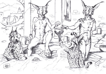 4_toes 5_fingers anthro balls bowl brick_wall casual_nudity chest_tuft container crotch_tuft cup ear_tuft feet female fingers flaccid food fur genitals gloves_(marking) group hand_on_leg holding_container holding_cup holding_object inner_ear_fluff jug leopard_spots looking_at_another looking_at_food looking_at_object male markings multi_nipple neck_tuft nipples nude nude_anthro offering_food open_mouth open_smile outside partially_submerged pawpads penis pillar plate sitting smile social_nudity spots spring standing stripes tail teeth toes tuft vulva wall_(structure) water 0laffson azad_(0laffson) kari_(0laffson) nur_(0laffson) shadi_(0laffson) avian bird caracal caracal_(genus) felid feline lynx mammal 2025 hi_res monochrome signature traditional_media_(artwork)