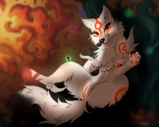 anus blep bodily_fluids duo extreme_size_difference female feral feral_focus fur genital_fluids genitals humanoid_genitalia humanoid_genitalia_on_feral humanoid_vulva humanoid_vulva_on_feral markings micro pawpads paws red_eyes red_markings size_difference solo_focus tongue tongue_out vaginal_fluid_string vaginal_fluids vulva white_body white_fur astralia capcom okami_(capcom) amaterasu_(okami) issun_(okami) canid canine canis mammal wolf hi_res