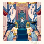 2023 blue_clothing blue_hoodie blue_topwear brown_body brown_fur bunonthemoon clothing crown crown_only domestic_cat felid feline felis fur group headgear hi_res hoodie male mammal sitting_on_throne throne_room topwear trio white_body white_fur