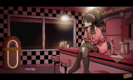 1950s_theme 5_fingers accessory anthro appliance bar_stool belt biped black_belt black_boots black_clothing black_ears black_footwear black_hair black_nose blinking blue_eyes boots bottle bottomwear breasts ceiling_lamp checkered checkered_wall cigarette cigarette_box cigarette_in_mouth cleavage clothed clothed_anthro clothed_female clothing collarbone container crossed_legs diner electric_fan electronics eyelashes female female_anthro fingers floppy_ears footwear fridge fur furniture grey_body grey_fur hair hair_accessory hairband hand_on_chin holding_cigarette holding_object inside jacket jukebox kitchen_appliance lamp leaning leaning_forward leather leather_bottomwear leather_clothing leather_jacket leather_skirt leather_topwear light logo long_hair long_sleeves mouth_closed music napkin night object_in_mouth paper pepper_shaker pink_bottomwear pink_clothing pink_hairband pink_jacket pink_skirt pink_topwear plant raining restaurant sad salt_shaker shelf shoes sitting sitting_on_counter skirt smoke smoking smoking_cigarette snout solo stool street_lamp tile tile_wall topwear tree wall_(structure) window posspowered the_killers faye_arletti_(posspowered) canid canine canis domestic_dog mammal poodle 2025 animated artist_logo hi_res letterbox lighting long_playtime loop sound