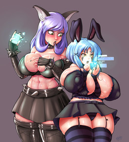 5_fingers alternative_fashion armband armwear belt big_breasts biped black_ears black_fingernails black_lips black_nails blue_hair blush boots bottomwear breast_size_difference breast_squish breasts brown_eyes cleavage clothed clothing collar colored_nails curvy_figure duo elbow_gloves eyebrows eyelashes female fingerless_gloves fingernails fingers footwear fully_clothed gloves goth green_eyes grey_background hair handwear holding_object huge_breasts larger_female legwear lips long_ears nails nipple_outline open_mouth pale_skin panties purple_hair shoes simple_background size_difference skimpy skirt sleeves smaller_female spiked_belt spiked_collar spikes squish stockings thigh_boots thigh_highs underwear upskirt voluptuous wristband yellow_eyes randomboobguy animal_humanoid cat_humanoid felid felid_humanoid feline feline_humanoid humanoid lagomorph lagomorph_humanoid leporid_humanoid mammal mammal_humanoid rabbit_humanoid 2015 hi_res