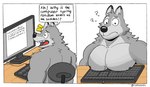 anthro back_muscles biceps big_pecs black_nose border computer confusion dialogue electronics eyebrows fur grey_body grey_fur keyboard male muscular muscular_anthro muscular_male nipples open_mouth pecs question_mark simple_background solo speech_bubble talking_to_self teeth text tongue white_background white_border ruffusbleu ruffus_(ruffusbleu) canid canine canis mammal wolf 2023 digital_media_(artwork) english_text hi_res