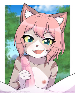 anthro blush bodily_fluids breasts duo fellatio female first_person_view flat_chested hair handjob male male/female nipples nude oral penile sex short short_hair willfurr capcom monster_hunter monster_hunter_stories_2:_wings_of_ruin tsukino_(monster_hunter_stories) felid felyne lynian mammal palico hi_res