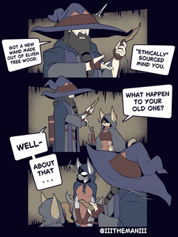 anthro beard clothing dog_behavior ellipsis facial_hair female grey_beard grey_facial_hair grey_hair group hair hat hat_over_eyes headgear headwear magic_user male tail tail_motion tailwag text wand wizard_hat wizard_robe the_man the_man_(character) canid human mammal 2026 3:4 absurd_res comic english_text hi_res