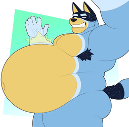 anthro armpit_hair belly belly_smack big_belly blue_body blue_fur body_hair butt fur grin looking_at_viewer love_handles male musclegut muscular muscular_anthro muscular_male navel nude overweight overweight_anthro overweight_male smile solo standing teeth thick_thighs hidi bluey_(series) bandit_heeler australian_cattle_dog canid canine canis cattledog domestic_dog herding_dog mammal pastoral_dog absurd_res hi_res