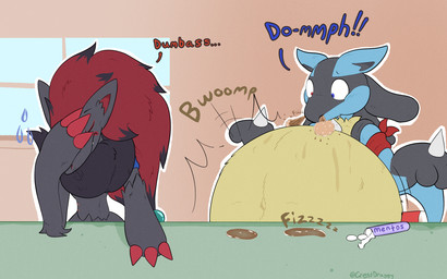 ambiguous_gender anthro armband belly belly_expansion belly_inflation beverage beverage_bottle big_belly bloated blue_eyes bottle cheek_bulge coke_and_mentos container dialogue duo expansion eyes_closed facepalm fur green_eyes grey_body grey_fur hair hand_on_face heterochromia inflation long_hair looking_at_another male motion_lines open_mouth pink_tongue ponytail red_armband red_hair sloshing_belly soda soda_bottle teeth text tongue crestdraggy mentos nintendo pokemon generation_4_pokemon generation_5_pokemon lucario pokemon_(species) zoroark english_text hi_res