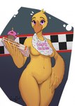 anthro beak bib breasts container cupcake feathered_wings feathers featureless_breasts featureless_crotch female food front_view looking_at_viewer nude pizza_box purple_eyes solo wide_hips winged_arms wings togaed five_nights_at_freddy's scottgames chica_(fnaf) classic_chica_(fnaf) cupcake_(fnaf) avian bird chicken galliform gallus_(genus) phasianid 2022 digital_media_(artwork) hi_res