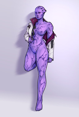 areola bottomless breasts clothed clothing collarbone facial_tattoo feet female genitals innie_vulva jacket jacket_only navel nipples not_furry one_leg_up purple_body purple_skin raised_leg solo standing tattoo topwear topwear_only vulva peachyatelier bioware electronic_arts mass_effect aria_t'loak alien alien_humanoid asari humanoid 2026 absurd_res hi_res