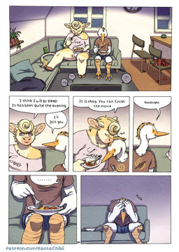 5_fingers anthro anthro_on_anthro barefoot boxers_(clothing) breasts burn burn_mark burned candlelight clothed clothed_anthro clothed_female clothed_male clothing cutlery dialogue duo eating electronics ellipsis feathers feet female fingers food fork fur furniture head_in_hands hooves humanoid_hands interspecies kiss_on_forehead kissing kitchen_utensils light male male/female night on_sofa page_number panties shirt sitting sitting_on_sofa sofa speech_bubble tail tan_body tan_fur television text tools topwear underwear watching_television white_body white_feathers kantachibli clover_(kantachibli) phillip_(kantachibli) avian bird bovid bovine cattle heron mammal pelecaniform comic english_text hi_res url