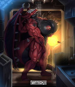 anthro barbell_piercing big_breasts breasts female fingering huge_breasts looking_pleasured masturbation muscular muscular_anthro muscular_female nipple_barbell nipple_piercing nipples piercing red_body shower solo space sun tail vaginal vaginal_fingering vaginal_masturbation water window wintech3112 mythology exeter dragon mythological_creature mythological_scalie scalie hi_res