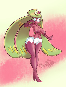 5_fingers armwear big_breasts biped boots breasts clothing elbow_gloves female fingers footwear front_view genitals gloves handwear high_heeled_boots high_heels huge_breasts legwear nipples not_furry nude pokemorph pseudo_hair shoes simple_background small_waist solo standing thigh_boots thigh_highs vulva wide_hips latiar nintendo pokemon generation_7_pokemon humanoid pokemon_(species) tsareena 2019 hi_res