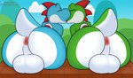 anthro anus backsack balls big_balls big_butt blush butt duo femboy genitals kiss_on_lips kissing making_out male male/male outside presenting presenting_balls presenting_hindquarters raised_tail scut_tail short_tail tail tail_anus euphorica mario_bros nintendo cyan_yoshi green_yoshi yoshi hi_res