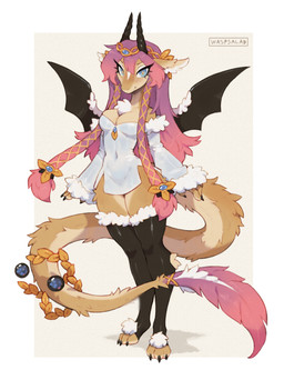 anthro biped breasts claws clothed clothed_anthro clothed_female clothing female fingers front_view fur hair horn looking_at_viewer medium_breasts navel navel_outline non-mammal_breasts non-mammal_navel simple_background smile solo standing tail wings waspsalad mythology dragon mythological_creature mythological_scalie scalie hi_res
