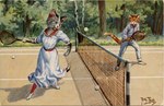 anthro ball biped bottomwear clothed clothing duo female footwear fully_clothed male net outside pants playing_sport shoes singles_tennis sport tennis tennis_ball tennis_court tennis_net whiskers carl_robert_arthur_thiele domestic_cat felid feline felis mammal 20th_century ancient_art signature traditional_media_(artwork)