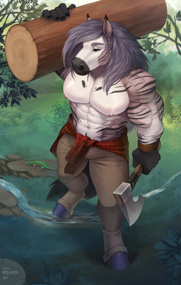 abs anthro axe biped black_tail blue_eyes bottomwear brown_bottomwear brown_clothing brown_pants clothed clothing duo eyelashes grass green_body grey_body grey_hair hair holding_axe holding_object log male male_anthro mouth_closed muscular muscular_anthro muscular_male narrowed_eyes navel nipples pants pecs plant quadruped rock solo_focus standing tail text topless water white_body wood yellow_body apple-faced jua_(jrbn1) equid equine horse lizard mammal reptile scalie 2021 absurd_res artist_name dated hi_res