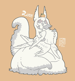 feathers female food fruit fur grey_eyes hair head_wings kemono long_hair looking_at_viewer open_mouth open_smile orange_background pink_sclera plant simple_background smile solo tangerine_(fruit) text tuft unusual_wing_placement white_body white_feathers white_fur white_hair wings inkoinko7 species_request 2025 artist_name dated