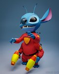 2023 3d_(artwork) 4_arms 4_fingers 4_toes alien antennae_(anatomy) anthro back_spines barefoot biped black_eyes blue_background blue_nose claws clothed clothing digital_media_(artwork) dipstick_antennae disney dual_wielding experiment_(lilo_and_stitch) feet finger_claws fingers grainy hi_res holding_object holding_weapon howard_fox lilo_and_stitch multi_arm multi_limb multicolored_antennae notched_ear open_mouth open_smile plasma_blaster_(lilo_and_stitch) plasma_gun ranged_weapon red_clothing simple_background smile solo spacesuit stitch_(lilo_and_stitch) toes watermark weapon