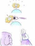 aftertale ambiguous_gender anthro boss_monster_(undertale) bottomwear bovid caprine clothing comic elemental_creature exclamation_point flora_fauna flower flowey_the_flower frisk_(undertale) human loverofpiggies magic mammal plant shorts simple_background smile surprise toriel undertale undertale_(series) white_background