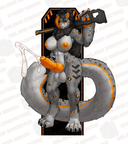 abs animal_genitalia animal_penis anthro areola balls big_balls big_breasts big_hands black_hair bodily_fluids breasts canine_genitalia canine_penis chest_tuft chevron_(marking) cum cumshot ejaculation erection fangs feet fluffy fluffy_tail fur genital_fluids genitals grey_body grey_breasts grey_fur gun gynomorph hair hands-free intersex knot knotted_penis lightning_bolt_marking long_tail markings muscular muscular_gynomorph muscular_intersex nipples orange_areola orange_hair orange_insides orange_knot orange_nipples orange_pawpads orange_penis pawpads penis ranged_weapon solo spots tail teeth toes tuft weapon seraziel felid leopard mammal pantherine 2026 hi_res watermark