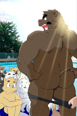 anthro assisted_exposure butt clothing exposure_to_minor facial_hair group male mustache nude overweight overweight_male pantsing photo_background public public_nudity student swimming_pool swimming_trunks swimwear teacher towel young shibatanukiti bear bovid bovine canid canine canis cattle domestic_dog mammal hi_res mixed_media photography_(artwork)