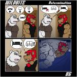 1:1 anthro bear bed clothing comic dialogue duo english_text felid frostbite_(rubberbuns) furniture lion male mammal muscular muscular_male pantherine pecs polar_bear rubberbuns text ursine wildfire_(rubberbuns)