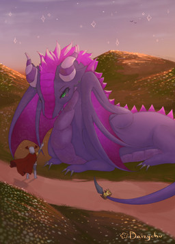 armor blush cape clothing crown duo female feral field grass green_eyes headgear horn male male/female pink_body plant purple_body size_difference tail wings o_hear_thee oberon_(oth) roselia_(oth) humanoid