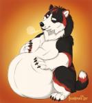 2019 ambiguous_gender bear bearhybrid belly belly_rub big_belly black_body black_fur black_nose breath canid canine canis claws content eyes_closed feral fur holding_belly huge_belly hybrid hyper hyper_belly mammal orange_background overweight overweight_ambiguous overweight_feral simple_background sitting solo toe_claws white_belly white_body white_fur wolf