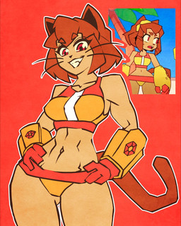 anthro bikini breasts brown_body brown_hair butt butt_from_the_front clothing collarbone eyebrows eyelashes female hair hands_on_hips leaning_hips magenta_eyes navel smile solo swimwear two-piece_swimsuit whiskers wide_hips jcguz gameoverse glitch_productions kit_bodega domestic_cat felid feline felis mammal 2026 hi_res