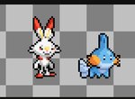 ambiguous_gender anthro blue_body duo fur happy orange_body orange_fur simple_background white_body white_fur souljun nintendo pokemon generation_3_pokemon generation_8_pokemon mudkip pokemon_(species) scorbunny 2024 digital_media_(artwork) english_description letterbox pixel_(artwork)