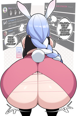big_butt blue_hair blush bra braided_hair butt butt_focus clothing dialogue ear_blush emanata female hair huge_butt leggings legwear pink_clothing pink_leggings pink_legwear round_tail solo speech_bubble sports_bra text torn_clothing underwear wardrobe_malfunction igxxiii discord_(app) hololive vtuber pekomama animal_humanoid humanoid lagomorph lagomorph_humanoid leporid_humanoid mammal mammal_humanoid rabbit_humanoid 2:3 absurd_res english_text hi_res
