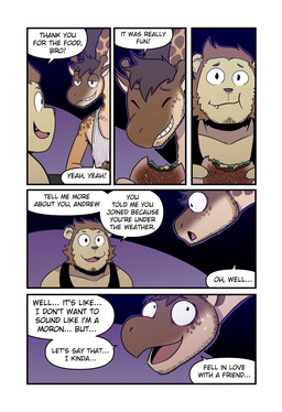 anthro at_another black_clothing black_shirt black_topwear blush bodily_fluids brown_body brown_hair burger chewing clothing cute_fangs dialogue duo eating eating_food eyes_closed fangs five_frame_image food front_view hair half-closed_eyes holding_burger holding_food holding_object horn male name_in_dialogue narrowed_eyes nervous nervous_sweat ossicone round_ears shirt smile speech_bubble sweat tank_top teeth text topwear white_clothing white_shirt white_topwear yellow_body t0l0k andrew_(t0l0k) scott_(t0l0k) felid giraffe giraffid lion mammal pantherine comic english_text hi_res multiple_scenes
