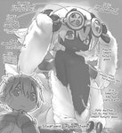 anthro breasts claws cybernetic_arm cybernetic_limb cybernetics describing_smell duo eyewear female goggles implied_sniffing machine male midriff multi_arm multi_limb navel nipples small_breasts text thinking tsukushi_akihito made_in_abyss faputa reg_(made_in_abyss) cyborg human humanoid mammal narehate english_text monochrome official_art