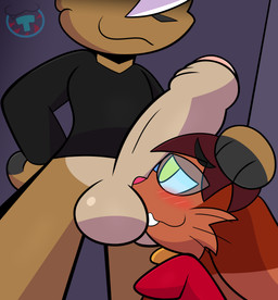 4_fingers ball_sniffing balls big_penis blush bottomless bottomless_male clothed clothing duo envious envy erection face_in_balls faceplant fingers foreskin genitals head_grab head_pull head_push humanoid_genitalia humanoid_penis looming looming_over male male/male penis shirt small_but_hung smile smiling_at_another smiling_at_each_other smiling_at_partner sniffing topwear mintytempest major_(mintytempest) roderick_(tamerkoh) deer lagomorph leporid mammal rabbit absurd_res hi_res