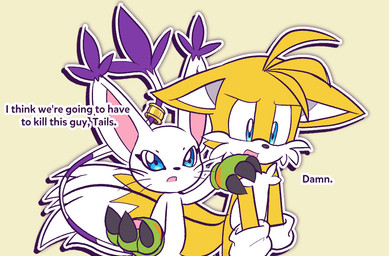 2_tails accessory anthro blue_eyes claws clothing dialogue dipstick_tail duo female fur furgonomics gloves handwear jewelry male markings multi_tail open_mouth ring simple_background tail tail_accessory tail_jewelry tail_markings tail_ring text white_body white_fur yellow_body yellow_fur miracletails bandai_namco digimon i_think_we're_gonna_have_to_kill_this_guy sega sonic_the_hedgehog_(series) miles_prower canid canine digimon_(species) felid feline fox gatomon mammal crossover english_text meme reaction_image redraw