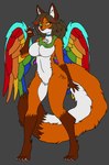 anthro canid canine collar crossgender fay_(faythewingedfox) female fluffy fox heterochromia hi_res highlights_(coloring) mammal orange_body pawpads rainbow_wings scarf solo wings