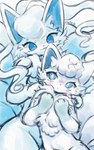 :3 ambiguous_gender anthro blue_body blue_eyes blue_fur blue_hair blush blush_lines chest_tuft duo fur hair hand_on_chest looking_at_another multi_tail paws simple_background sparkles tail tuft white_body white_fur white_hair maimoonrabbit nintendo pokemon alolan_form alolan_ninetales alolan_vulpix canid canine generation_7_pokemon mammal pokemon_(species) regional_form_(pokemon) 2024 hi_res signature