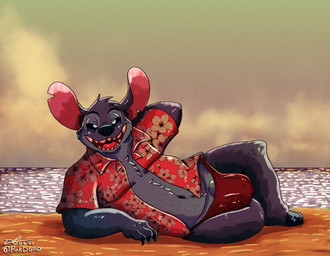 3_toes 4_fingers aloha_shirt anthro anthrofied beach belly blue_body blue_fur blue_nose bottomwear bulge claws clothed clothing cloud feet finger_claws fingers fur gesture looking_at_viewer male notched_ear open_clothing open_mouth open_shirt open_smile open_topwear overweight overweight_male pattern_clothing pattern_shirt pattern_topwear reclining sand sea seaside shirt slightly_chubby smile solo speedo sunset swimwear toes topwear water dgpro95 disney lilo_and_stitch stitch_(lilo_and_stitch) alien experiment_(lilo_and_stitch) 2023 hi_res