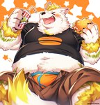 anthro belly big_belly black_nose bottomwear burger clothing eyes_closed food fur kemono male navel overweight overweight_male shirt shorts solo tongue tongue_out topwear underwear white_body white_fur hinami canid canine canis mammal wolf 2023 hi_res