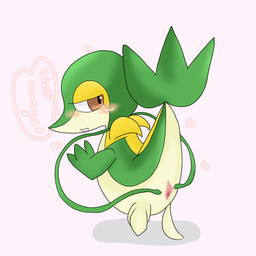biped blush butt female feral genitals green_body heart_symbol looking_at_viewer looking_back looking_back_at_viewer on_one_leg presenting presenting_hindquarters presenting_vulva rear_view simple_background solo spread_vulva spreading standing text vulva white_background unknown_artist nintendo pixiv pokemon generation_5_pokemon pokemon_(species) snivy 1:1 digital_media_(artwork) japanese_text