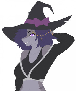 anthro bent_arm black_bra black_clothing black_eyebrows black_hat black_headwear black_shirt black_topwear black_underwear blue_hair bra bracelet breasts clothed clothed_anthro clothed_female clothing collarbone eyebrows eyelashes female female_anthro gold_(metal) gold_bracelet gold_jewelry grey_body grey_skin grin grinning_at_viewer hair hand_behind_head hat headgear headwear jewelry lidded_eyes looking_at_viewer medium_breasts medium_hair multicolored_body multicolored_skin navel non-mammal_breasts non-mammal_navel purple_bow purple_eyes sharp_teeth shirt simple_background smile smiling_at_viewer solo teeth toothy_grin topwear torn_clothing torn_hat torn_headwear underwear white_background witch_hat elcastorblanco aquatic fish shark 2025 digital_drawing_(artwork) digital_media_(artwork) english_description flat_colors half-length_portrait hi_res portrait