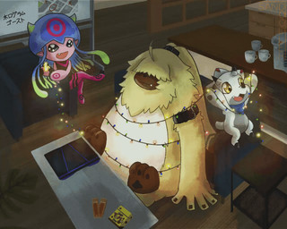 ambiguous_gender anthro belt christmas_decorations christmas_lights coffee_table container cup detailed_background facial_horn flashing_light fur furniture group hair hair_over_eyes horn inside long_ears nose_horn pawpads plant sitting sofa table tentacles tree trio yellow_body yellow_eyes yellow_fur doodlersand epilepsy_warning bandai_namco digimon digimon_ghost_game angoramon aquatic ceratopsian cnidarian digimon_(species) dinosaur gammamon humanoid jellyfish jellymon lagomorph leporid mammal marginocephalian medusozoan ornithischian prehistoric_species rabbit reptile scalie 5:4 alternate_version_at_source animated