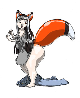 black_hair bottomwear breasts clothing dipstick_tail female hair looking_back markings multicolored_tail pants shirt shrinking side_view simple_background size_transformation solo standing tail tail_markings thick_thighs topwear transformation white_background anymouse1968 animal_humanoid canid canid_humanoid canine canine_humanoid fox_humanoid humanoid mammal mammal_humanoid 2020