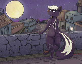 anthro butt cheek_tuft chimney claws facial_tuft feet looking_at_viewer male moon nude pawpads rear_view sky solo star tail toe_claws town tuft window razzle_the_red razzle_(razzle_the_red) mammal mephitid skunk absurd_res hi_res