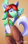 2019 anthro biped blue_body blue_eyes blue_fur canid canine canis clothed clothing crossdressing dated digital_media_(artwork) female_(lore) fur gerudo_outfit girly gradient_background hair hi_res inner_ear_fluff jewelry lunesnowtail male mammal navel red_hair shaded simple_background solo tuft white_body white_fur wolf
